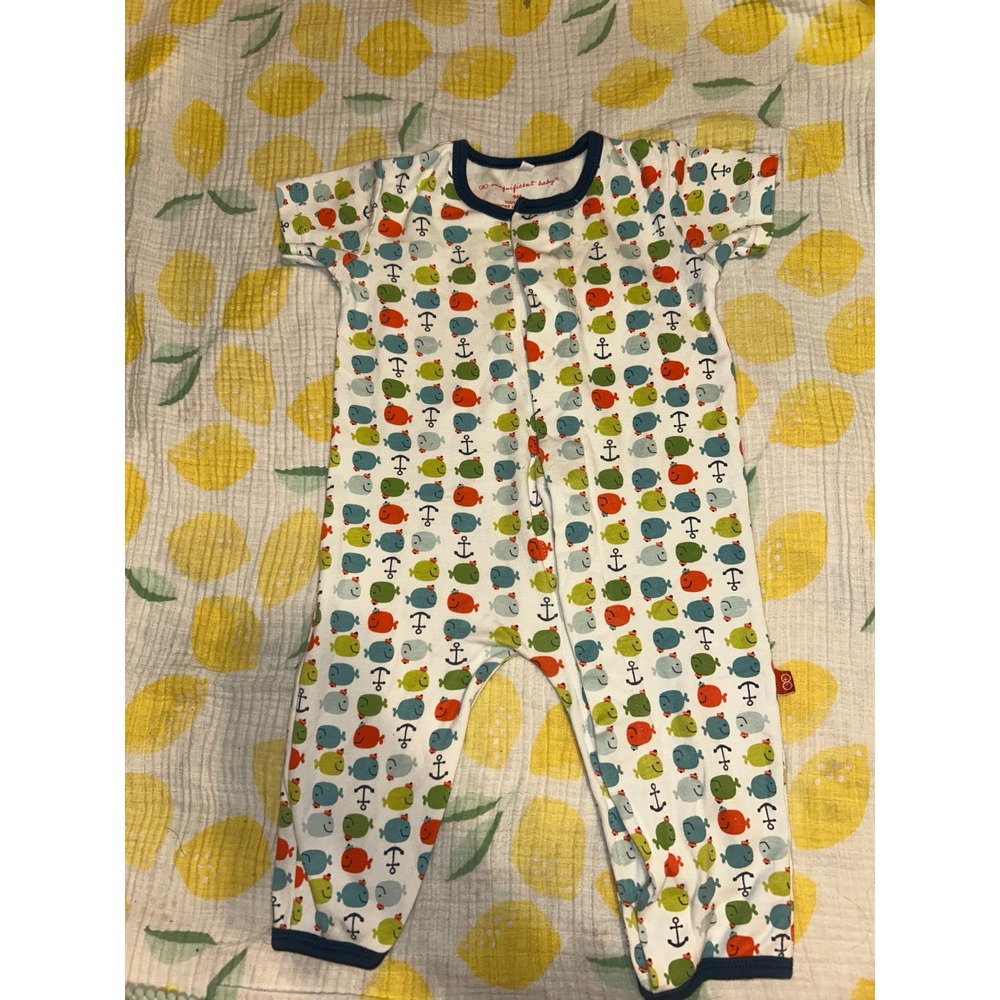 Magnificent Baby Whale Anchor Magnetic Romper White Blue 9M Cotton Sleeper